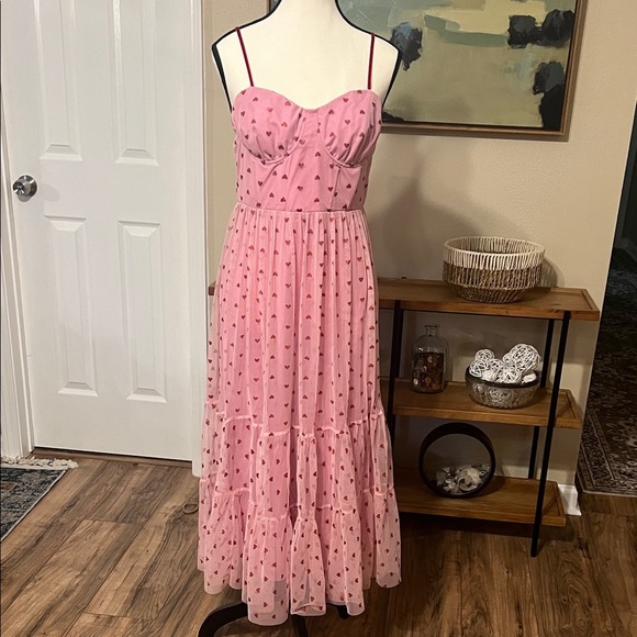 Betsey Johnson Pink Glitter Heart Tulle Dress Sz 8 Sweetheart Strapless Romantic - Picture 3 of 12